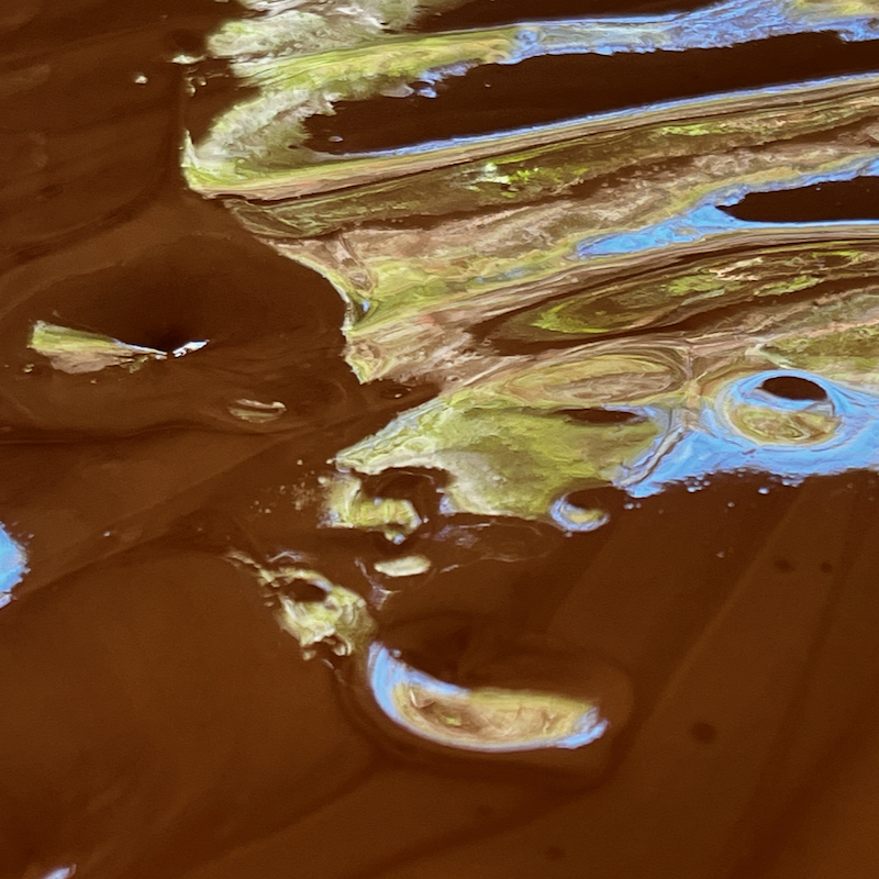 Reclaimed clay on plaster slab reflecting trees and sky